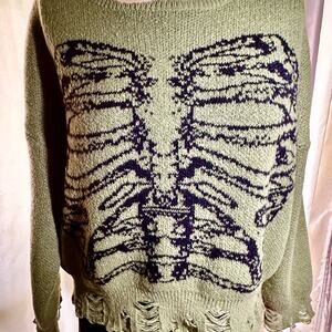 NWT Romwe Distressed Light Green Grunge Rib Cage Sweater XL